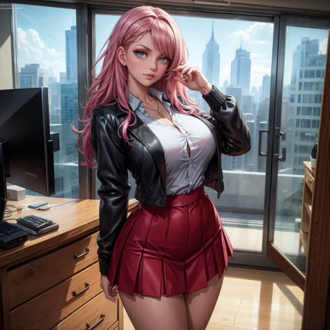 Masterpiece, beautiful art, 8k, art style by sciamano240, very detailed face, detailed hair, detailed clothes, detailed fabric, 1girl, beautiful face, long hair, hot pink hair , model head shot, facing camera, very detailed green eyes, sultry smile, wearin...