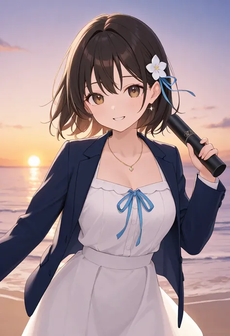 one girl、Graduation Ceremony、 school uniform、beach、sunset、Woman wearing a dress up jacket and business skirt with a corsage on her left chest 