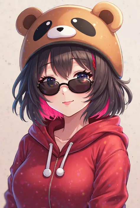 Anime girl wearing a bear helmet and sun glasses, red pink highlights on brunette hair, wearing a red hoodie, flirting expression.