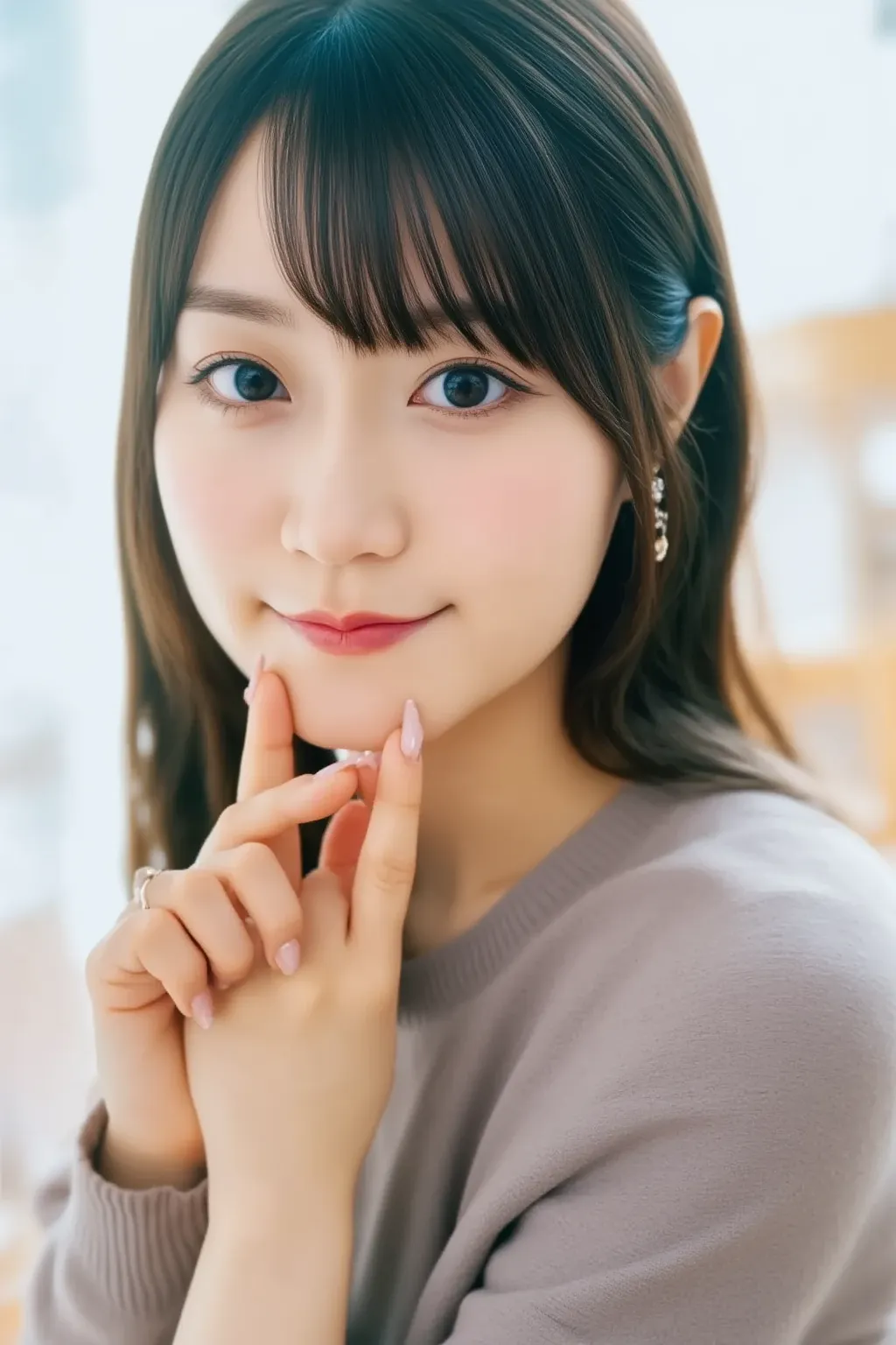 "A young Japanese woman with a cheerful smile, making a peace sign with her fingers. She is wearing a variety of cute outfits, including casual kawaii fashion, elegant dresses, and trendy streetwear. The background is softly blurred, focusing on her stylis...