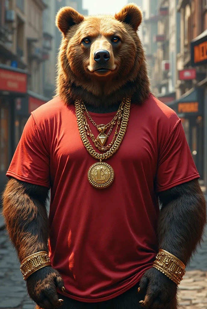 A bear wearing a gold chain and red t shirt and rings