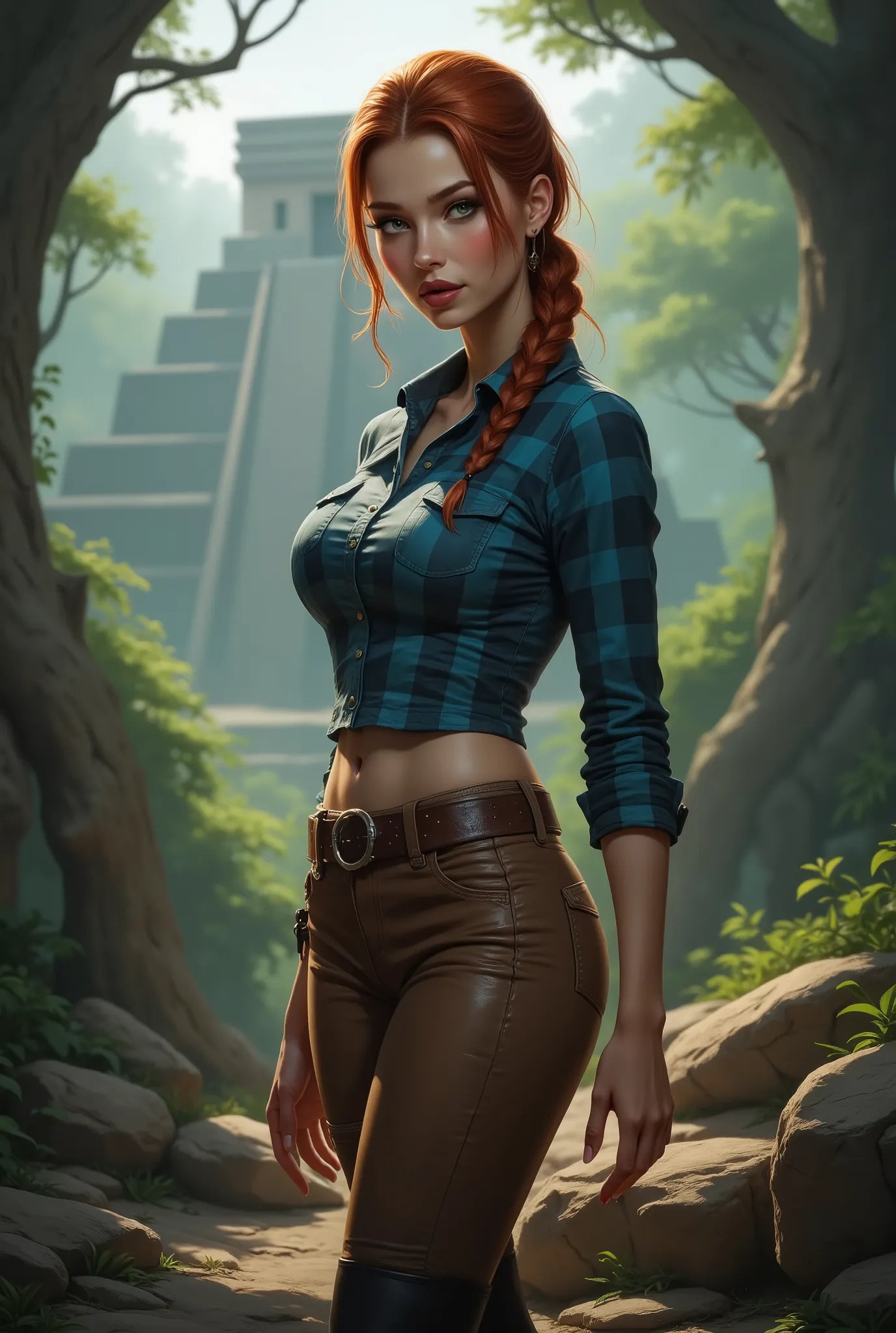 full bodyn sexy beauty archaeologist, full bodyn sexy beauty archaeologist, thin, tall, red long tied hair, green eyes, red lips, white skin, athletic, slim, tight brown leather pants, blue flannel shirt, black high boots, wide leather belt, standing in a ...