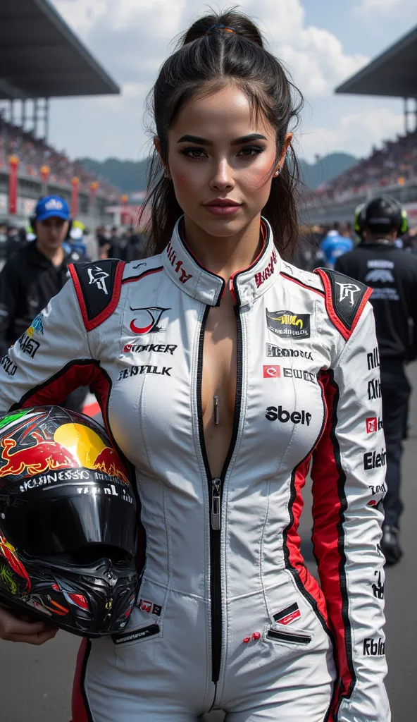 Ultra-detailed full-body portrait of a beautiful Formula 1 race car driver. The girl has striking, refined facial features with a determined, focused expression. She is dressed in a sleek, professional red bull racing suit adorned with various sponsors' lo...