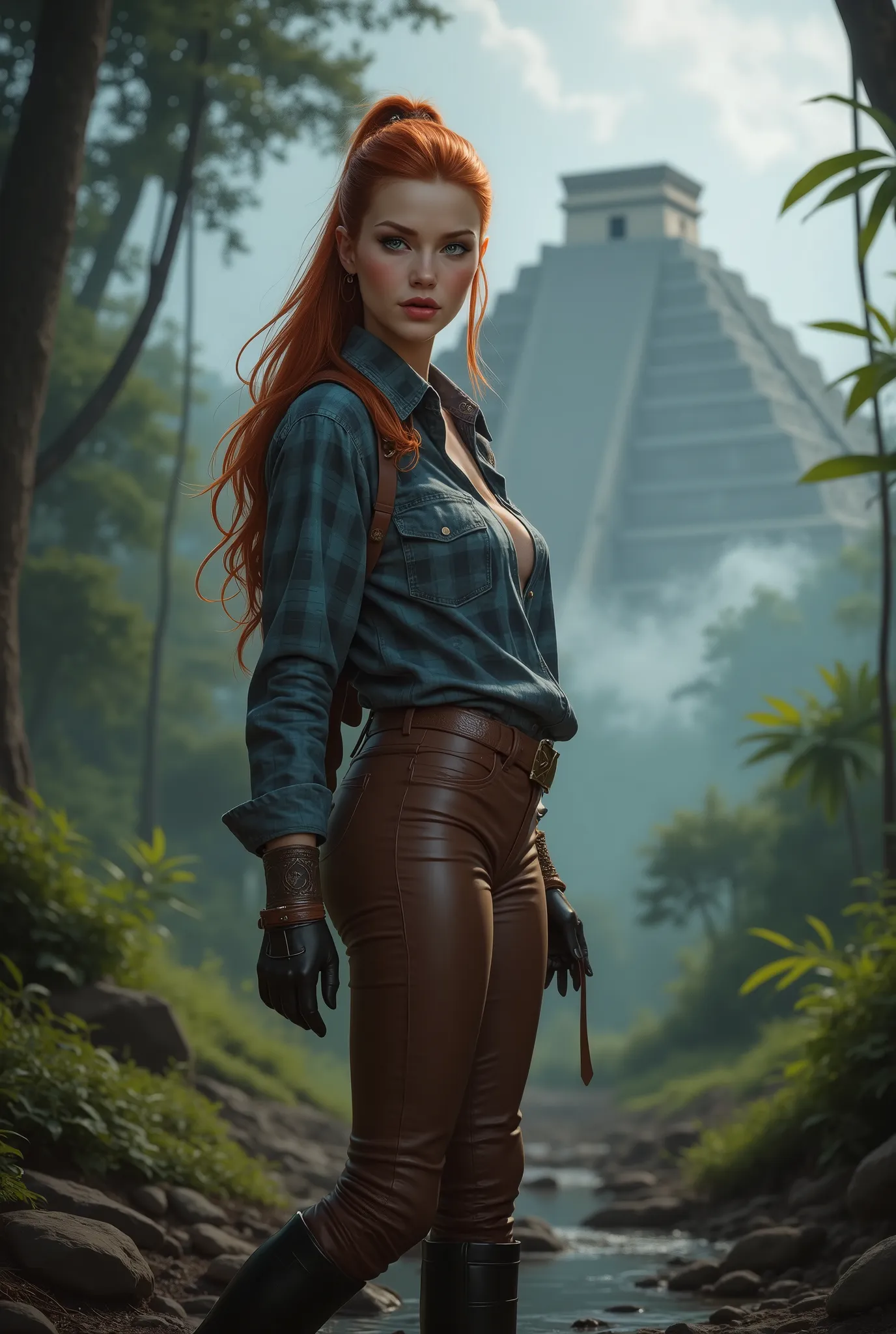 full bodyn sexy beauty archaeologist, full bodyn sexy beauty archaeologist, thin, tall, red long tied hair, green eyes, red lips, white skin, athletic, slim, tight brown leather pants, blue flannel shirt, black high boots, wide leather belt, standing in a ...