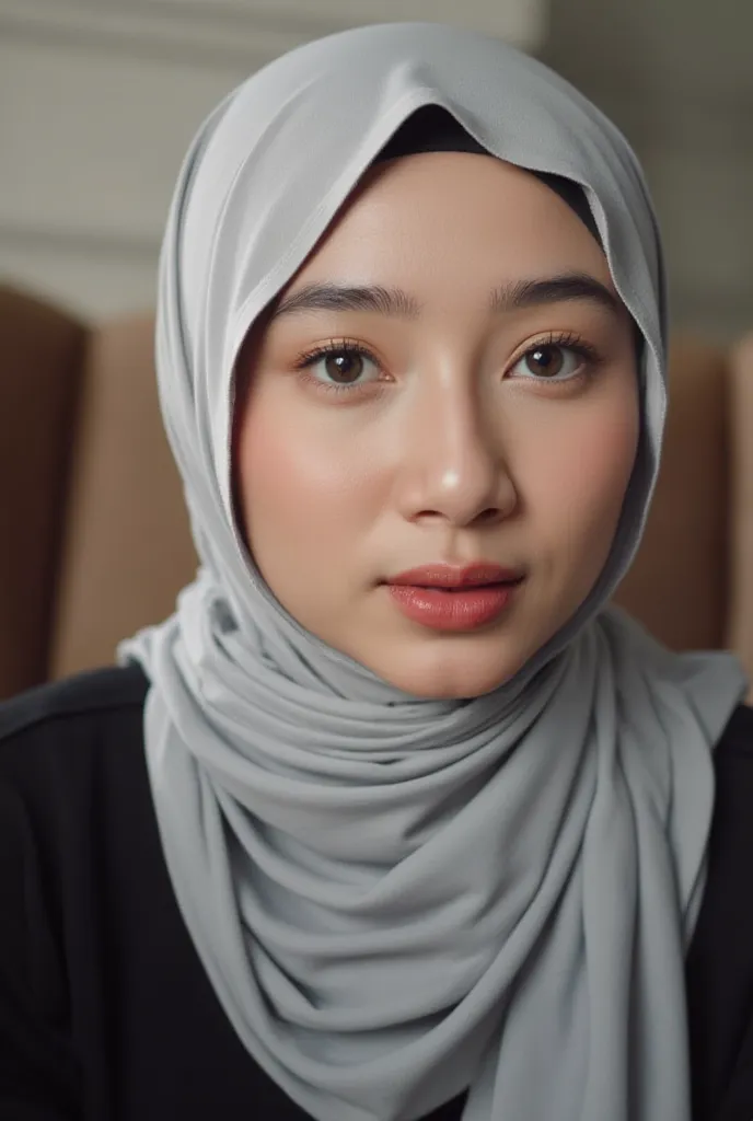 A close-up photo of young woman with soft pale gray hijab. She is looking at the viewer with bright and loving eyes. She is leaning forwardal. Close-up of face, very detailed. She is wearing a perfect balck office shirt. Hasselblad H6D-400c MS, low exposur...