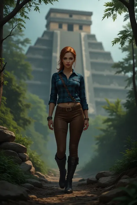 full bodyn sexy beauty archaeologist, full bodyn sexy beauty archaeologist, thin, tall, red long tied hair, green eyes, red lips, white skin, athletic, slim, tight brown leather pants, blue flannel shirt, black high boots, wide leather belt, standing in a ...