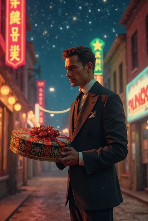 It’s 17:30 in 1950s in old town with neon lights and shiny stars above and man wearing a suit and holding a big candy box he is waiting for her