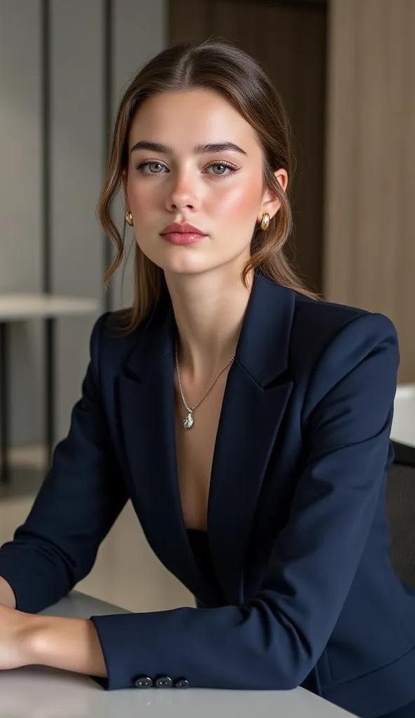 A woman with light skin and brown hair, dressed in a navy blue business suit and black heels