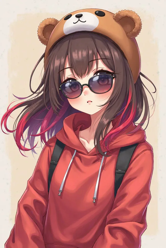 Anime girl wearing a bear helmet and sun glasses, red pink highlights on brunette hair, wearing a red hoodie, cute.