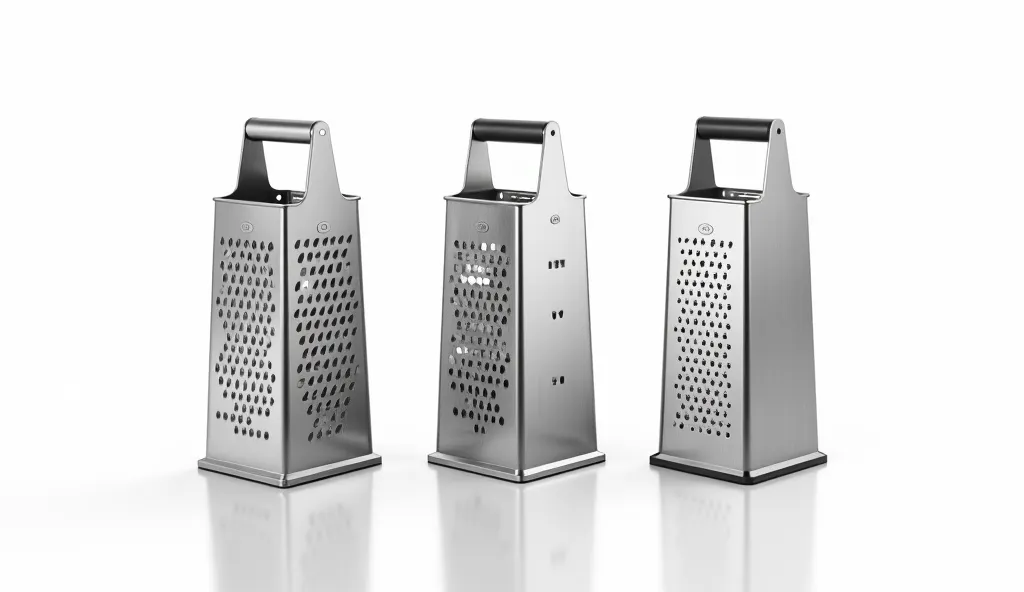 Three stainless steel graters with different sized blades isolated on a white background
