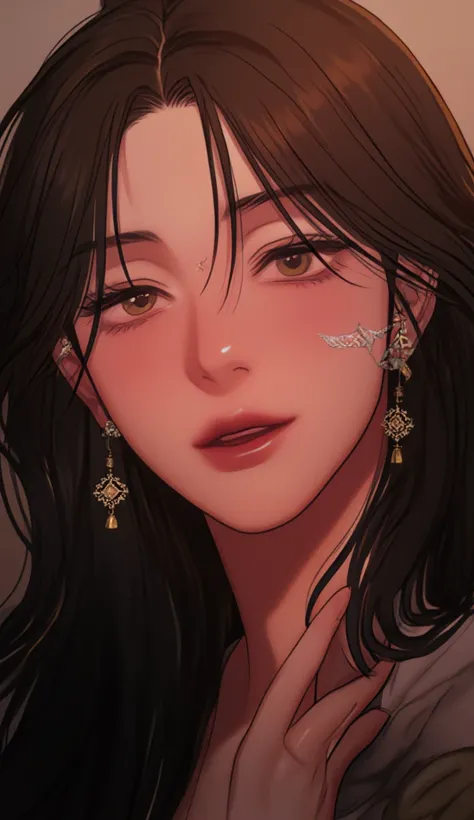 A Girl with Slightly Big Eyes,slightly tanned skin,long black hair with a blonde lock behind the ear and three earrings on the left ear in the style of Rangrari