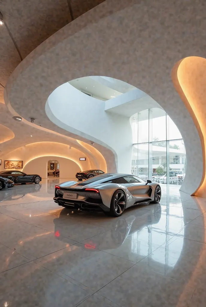 Generate me a carshowroom design concept showing curves