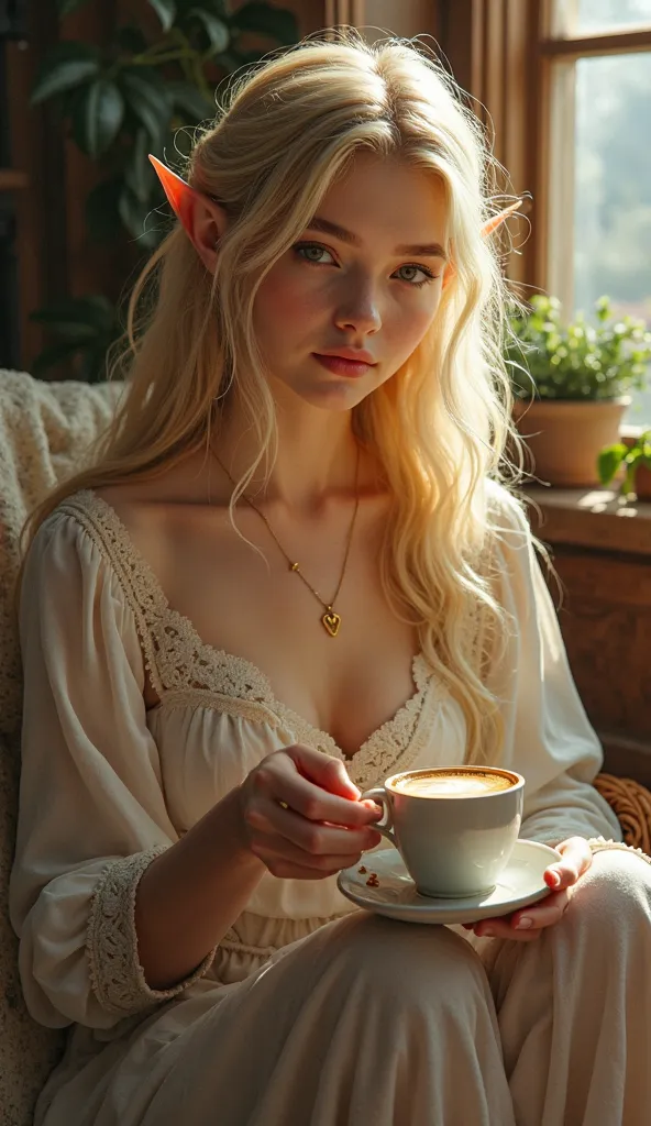 Blonde elf girl in a topic drinks coffee 