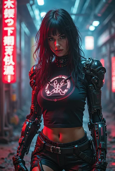 (extremely detailed, Masterpiece, t-shirt), intense illumination, woman inside cyberpunk exoskeleton. neon lights, cables, industrial environment,Waxcoin logo  . heavy weapons, Giant fists. claws on robotic arms 