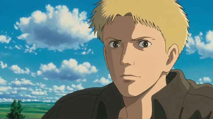 ghibli_style, 1boy boys, frown, short hair, blond hair, light brown eyes, shirt, cloud, 1boy, lying, jacket, Reiner Braun, from side, sky, leather jacket, upper body, front sho,