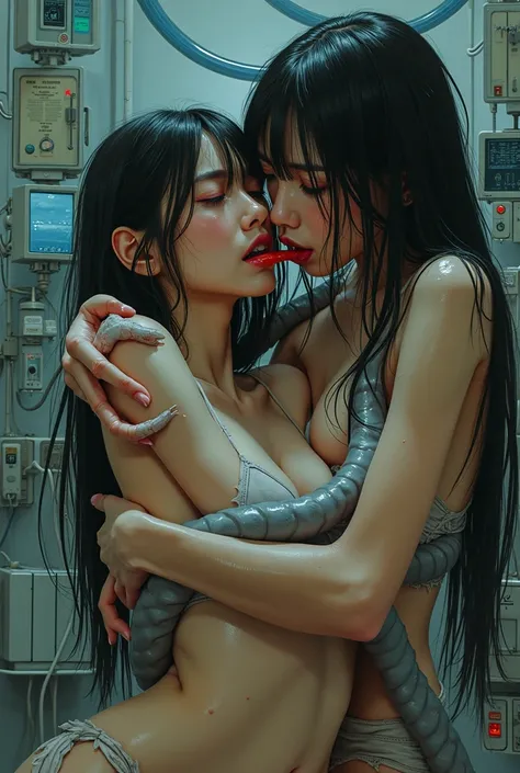 1 beautiful young Japanese woman , cloudy mucus, ((1 tentacle male is hugging )), BiopunkAI,(android girl),(tentacle sex:1.5), ((tentacle-insert to-mouth)), ((open-mouth, tentacle-insertion:1.2)), ((Tentacles wrap around the woman’s body)), (tentacle in to...