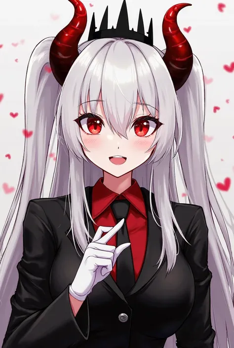 *has a memorable look: long, straight white hair with two pointed red horns, and a black crown with spikes,  Her eyes are bright red , with a devil's twist, emphasizing her demonic nature. She wears a black long jacket, business suit with a red shirt and b...