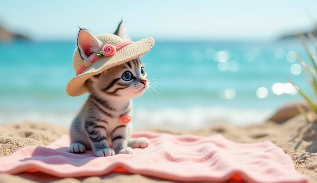 Backview of a tiny grey tabbed baby kitten dressed with a nice rose beach dress and a sun hat sitting on a picnic blanket while looking over the beautiful clear sea.