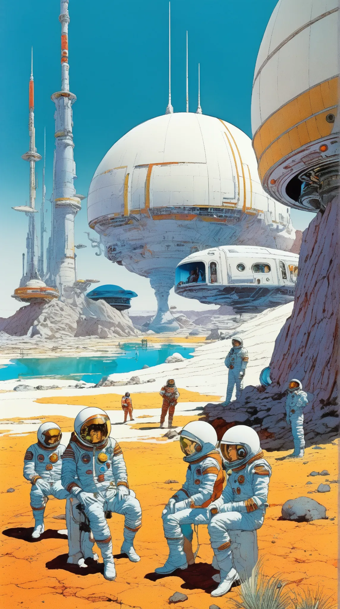 Mobis (Jean Giraud) Style - A picture by Jean Giraud Mobis, The picture shows a group of astronauts resting by the water, Huge white rib background，western backdrop in Mobis' signature style with sharp detailing and vibrant colors. Shot with Panavision Pan...