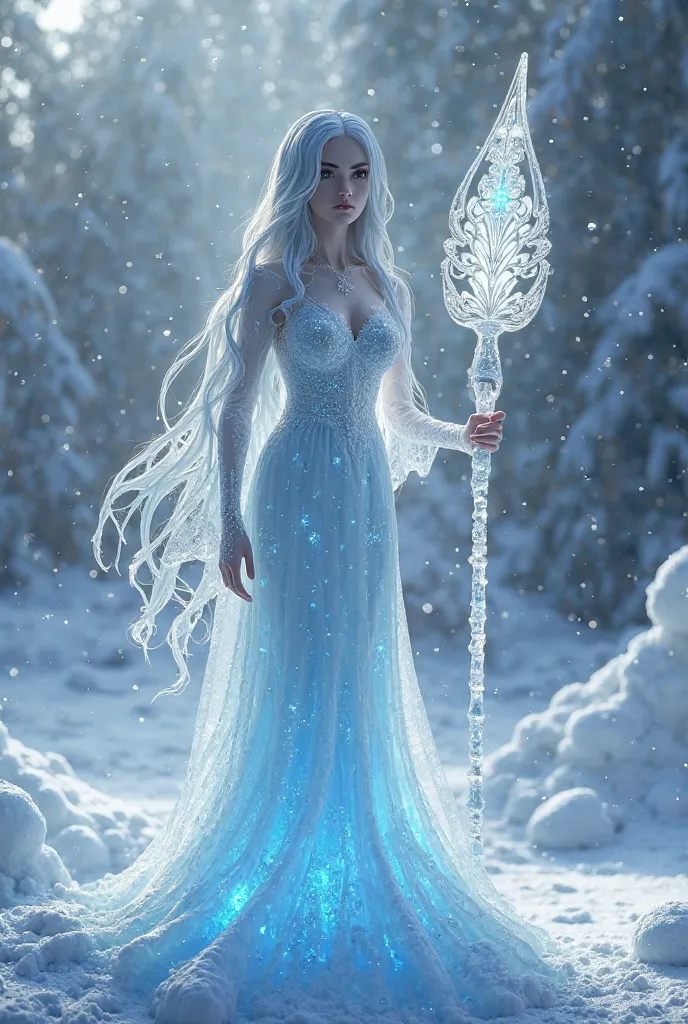 (a vibrant,cool,surreal)ice girl 3d sculpture, detailed and lifelike(the girl with long flowing silver hair and bright glowing eyes) with(details include)beautifully carved ice crystals on her gown and a (intricate)staff made of ice(carrying intricate ice ...