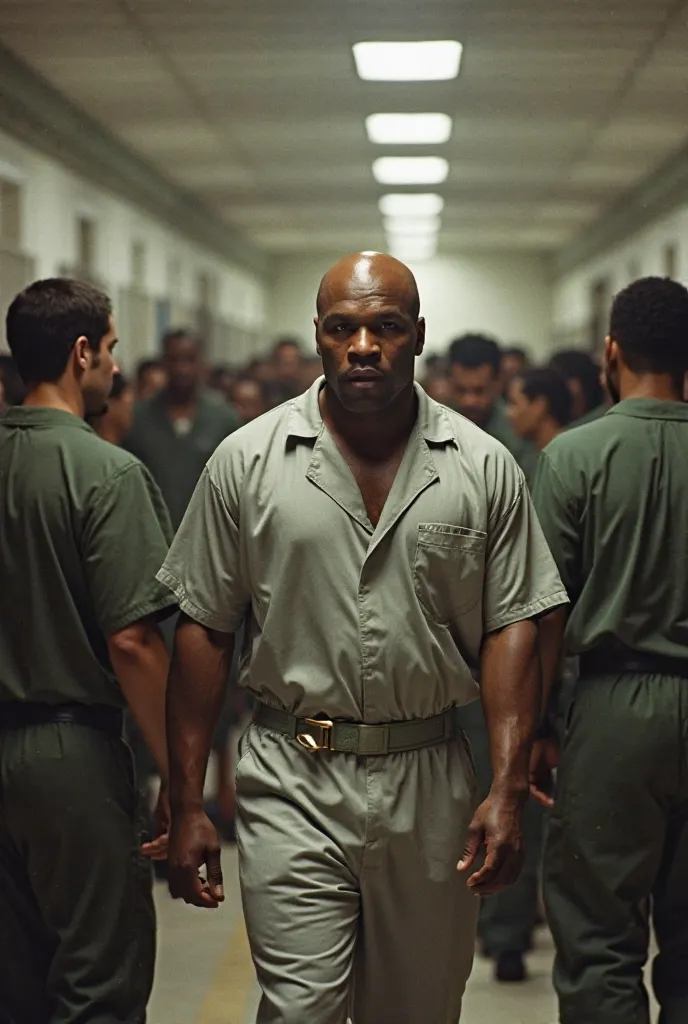 Mike Tyson walked through the crowded prison halls with a purpose, his prison uniform fitting his muscular frame. His eyes, intense and unblinking, scanned the maze of faces around him. The noise of the inmates faded as they noticed his presence—an unmista...