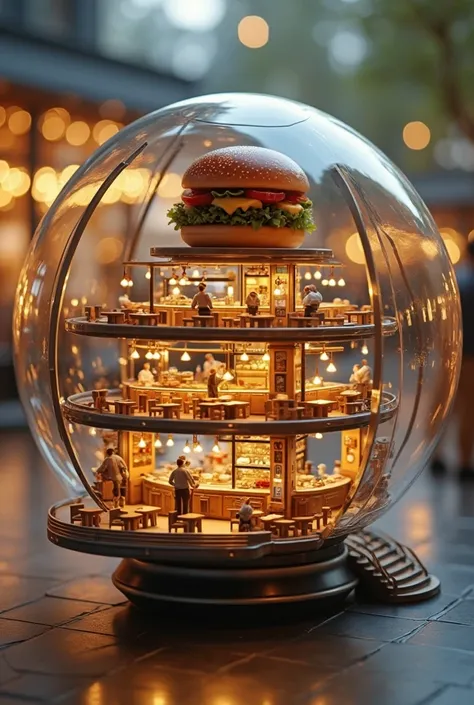 Possitive Prompt:"A futuristic miniature restaurant inside a spherical glass structure, highly detailed, warm golden lighting, tiny chefs cooking gourmet dishes, multiple floors with open kitchens, a giant burger on the top floor as a design element, moder...