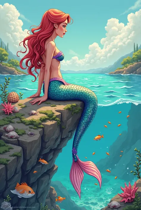 Mermaid sitting in the rock of sea back
Do on cartoon image


