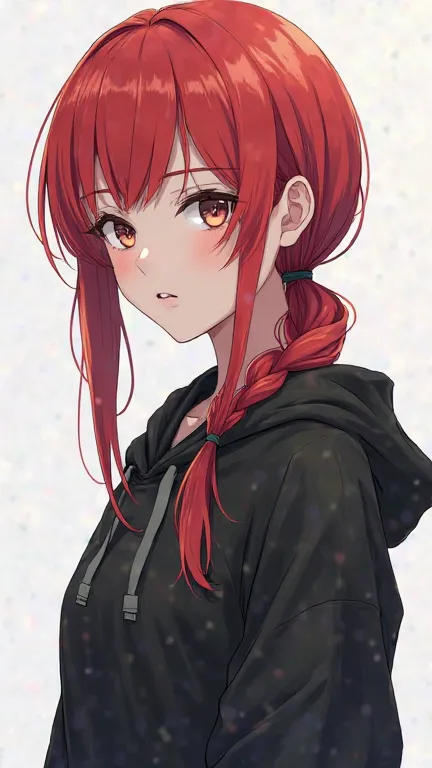 1 girl [appearance = “red hair”, “low ponytail”, “white eyes”, “pale skin”,  “Height : 168 cm”, “black hoodie”] (Full Body Plane) 4K anime style illustration,  Precise,  super detailed ,  tall details , high resolution image, high quality image, High Defin...