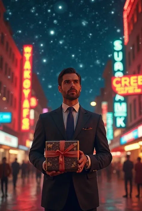 It’s 17:30 in 1950s in Slovakia big city with neon lights and shiny stars on dark sky above and man wearing a suit and holding a big candy box is waiting for her