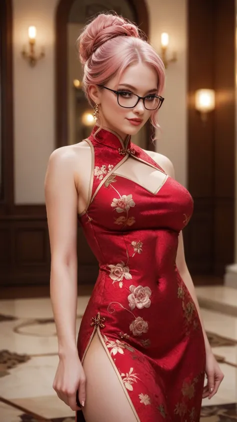 A beautiful, elegant woman with pink hair styled in an intricate updo, wearing a form-fitting, high-slit red and gold cheongsam. She has black-rimmed glasses, exuding an intelligent yet slightly mysterious aura. The dress features intricate embroidery with...