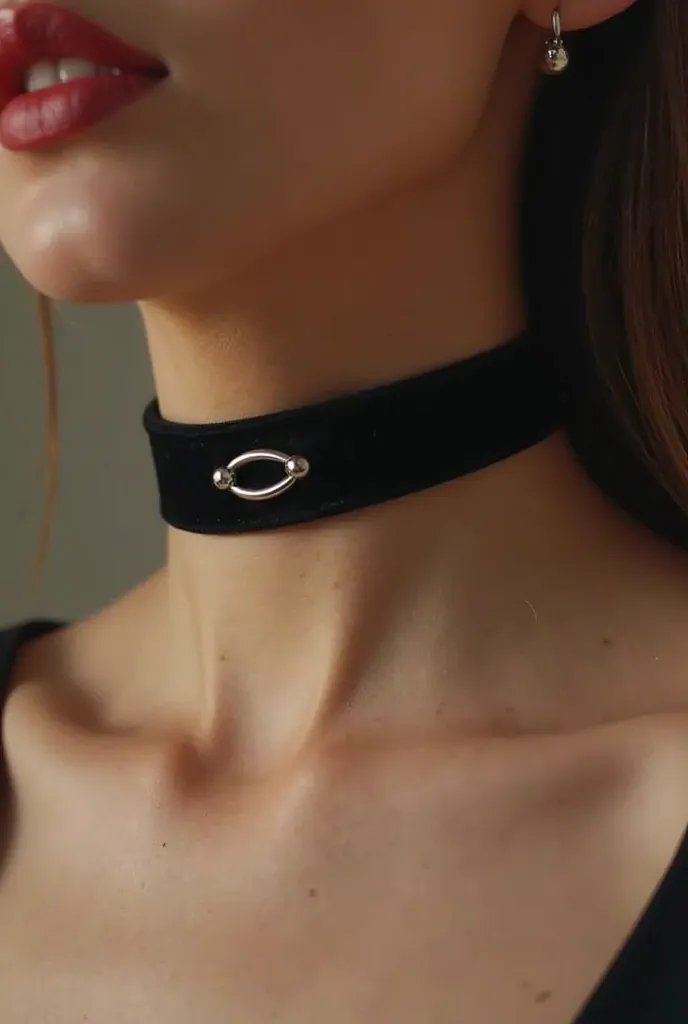 ( It is a thin, velvet choker in black with a small, round silver ring in the front for leashing)