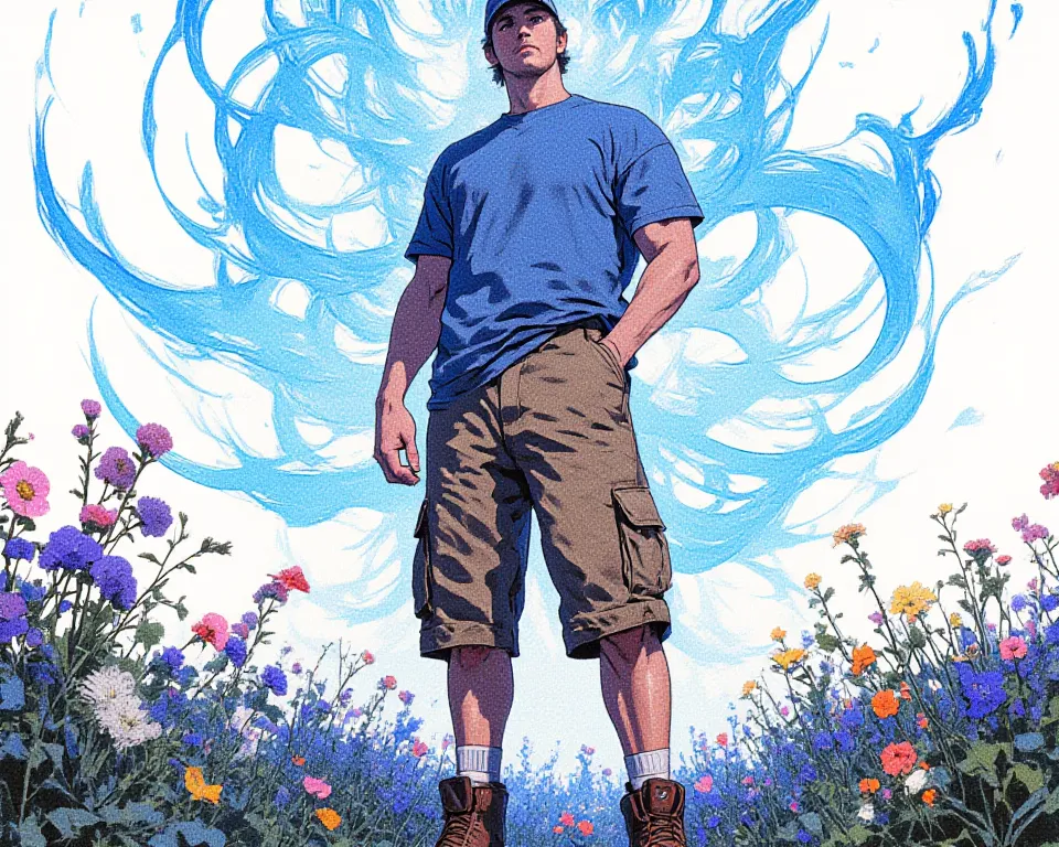 Muscular man Very very high too high is too high  in blue t-shirt and long shorts with work boots and brown shoes With short socks With baseball cap Loose fit t-shirt Loose T-shirt Loose T-shirt Knee-length shorts Full body Full body Full body Full body Fu...