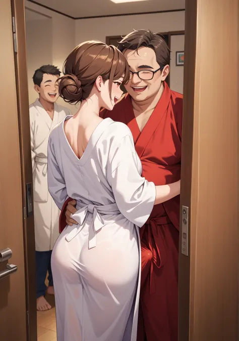 open the door,Gangbang,nsfw,,bedroom,1 girl,low bun,brown hair,brown eye,short hair,swept bangs,her eyelids heavy,,,,nsfw,fat middle age men,FATMEN ,fat old man,white bathrobe, dark,walk,bathrobe old man, laugh, back view,erection under clothes,hand on ano...