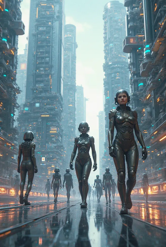 Ultra-realistc, futuristic people in a futuristic city 