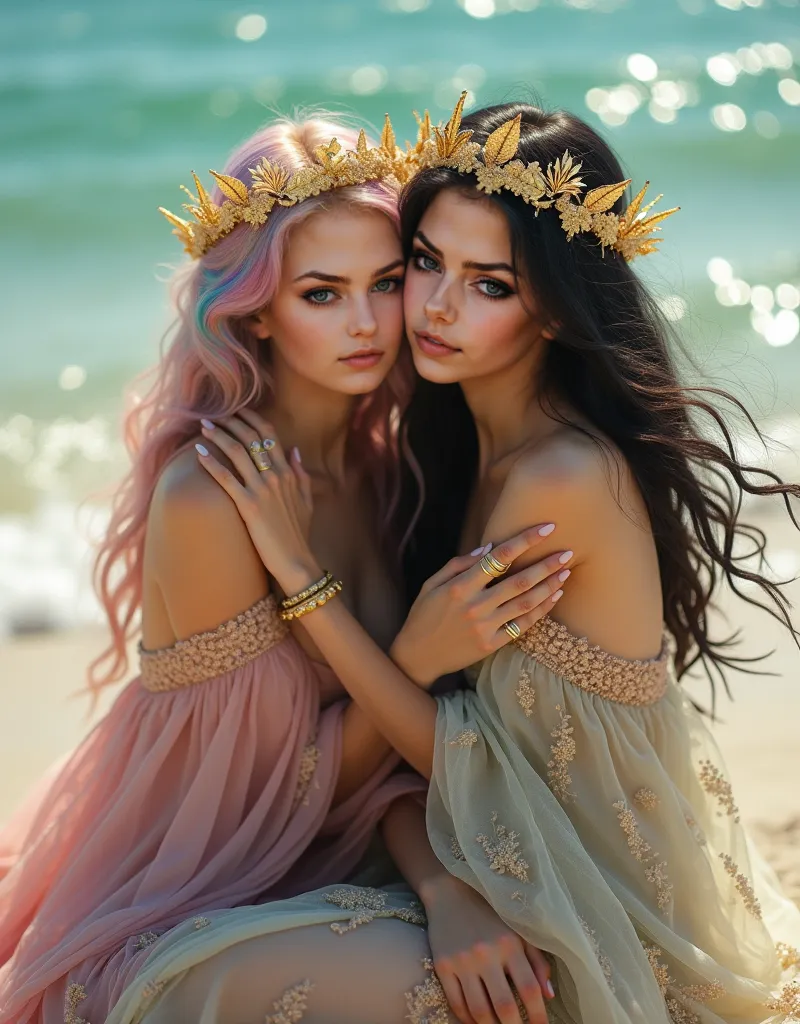 Two empresses sit together on a pristine beach, their bodies partially embracing in a loving pose as they both look directly at the viewer with genuine, radiant smiles. The first empress has vibrant pink and blue hair that catches the light like jewels, wh...