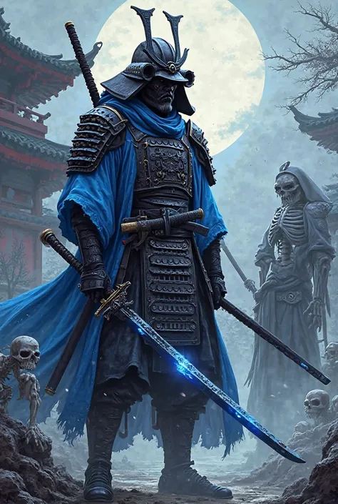 On the left side, a blue and black samurai with a futuristic sword with a black carbon and blue and on the right side and other samurai in black and white colors, a bit skeletal with a scar-h in black and white colors in the background, a Japanese mansion ...