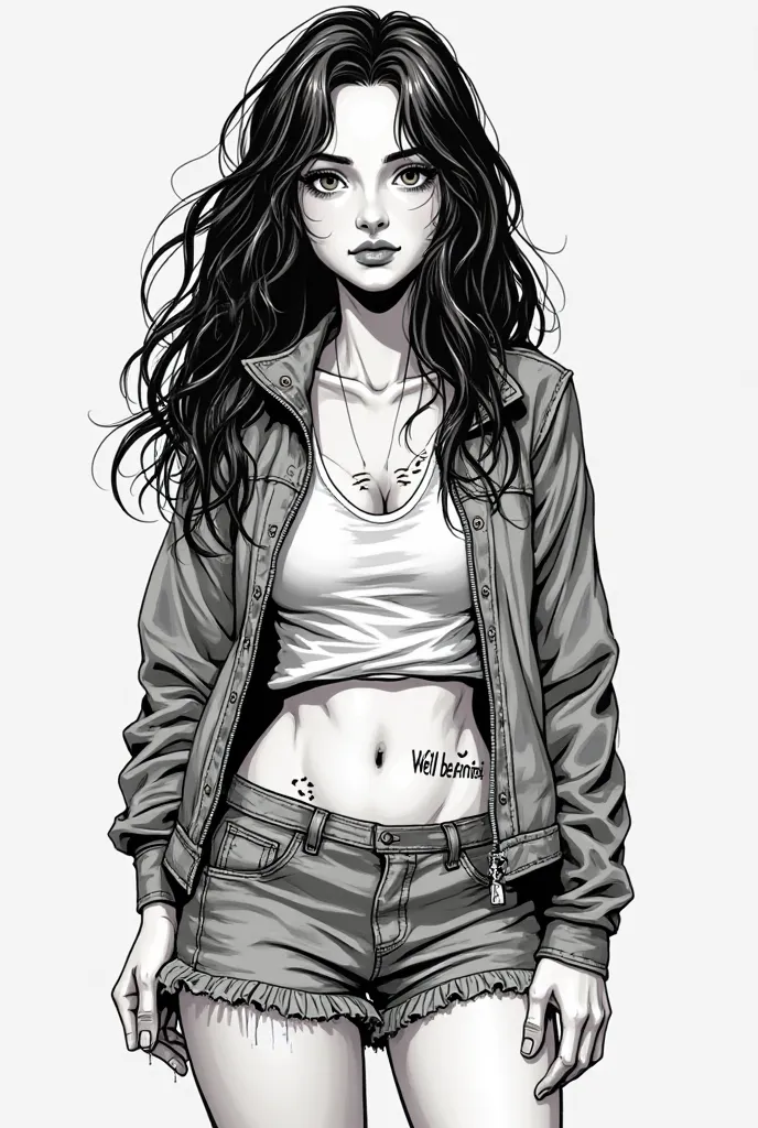 Sofia Carson combined with Lili Colins with long wavy dark brown hair and gray eyes, comic character dressed in slightly worn forest camping clothes and short boots. With a small tattoo on the waist that says "  We'll be alright " digital illustration of r...