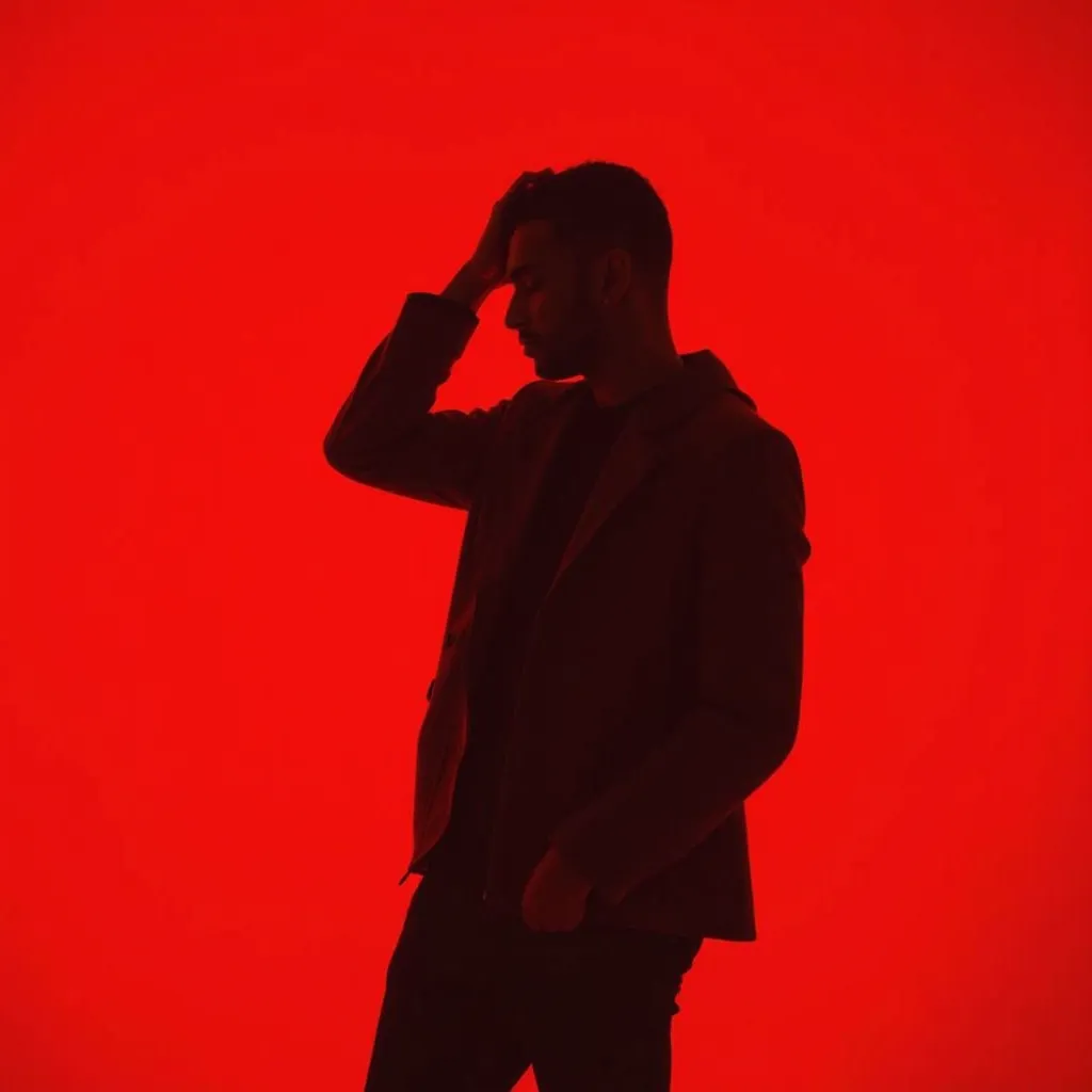 Silhouette of a black man with a jacket, standing on your back with one hand on your head standing against a vibrant red background. Image composition is simple, with the man standing in the center,  occupying a vertical position in the image , contrasting...