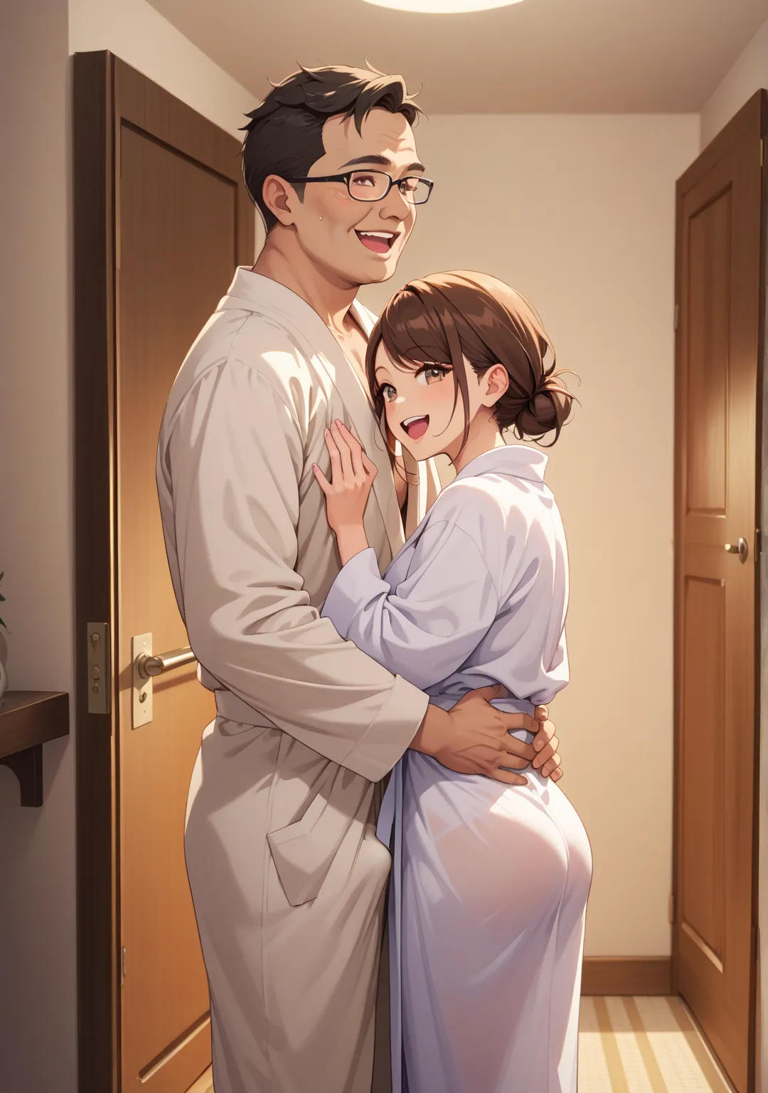 open the door,Gangbang,nsfw,,bedroom,1 girl,low bun,brown hair,brown eye,short hair,swept bangs,her eyelids heavy,,,,nsfw,fat middle age men,FATMEN ,fat old man,white bathrobe, dark,walk,bathrobe old man, laugh, back view,erection under clothes,hand on ano...