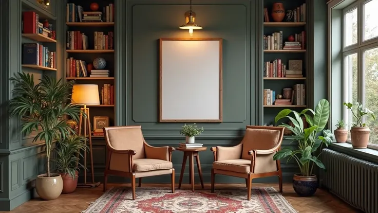 middle sized frame mockup in a vintage cozy living reading nook space,high quality,professional,intricate details,photorealistic,elegant,cozy,warm lighting,bookshelf,armchair,side table,reading lamp,potted plant,wooden floors,antique rug,framed artwork,vin...