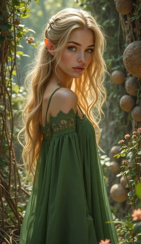 Blonde elf girl in a green dress at home