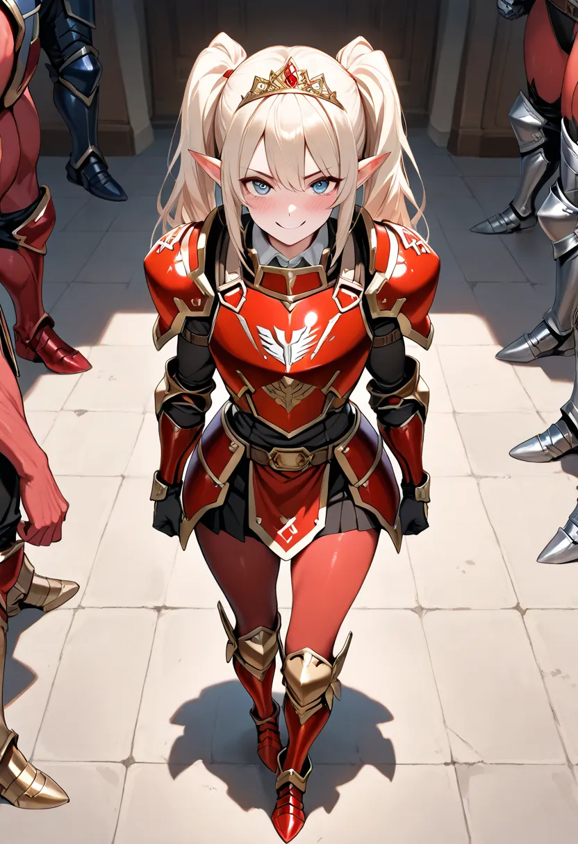 corps inteiro, Red armour,  red skin, Looking at the viewer, bright, armor,  pantyhose, high boots,shoulder  armor, Failures, Poleyn, shezfe , gauntlets, Rerebrace  armored boots, pauldrons,(masterpiece, best quality, ultra-detailed,  best shade ) yordle (...