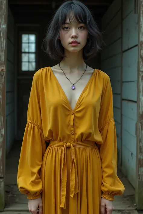 Dark yellow clothes、Spiritualist wearing a small crystal necklace、Cute Neutral Appearance、Mysterious、medium short hair、The background is an old wooden house、Full body picture