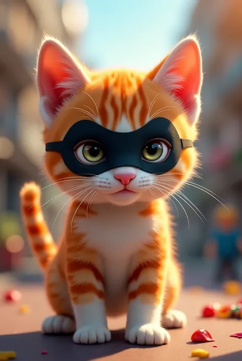 Here's a detailed prompt to generate the image of a thieving kitten for TikTok:

Prompt:
"A mischievous kitten with orange and white fur, wearing a black mask