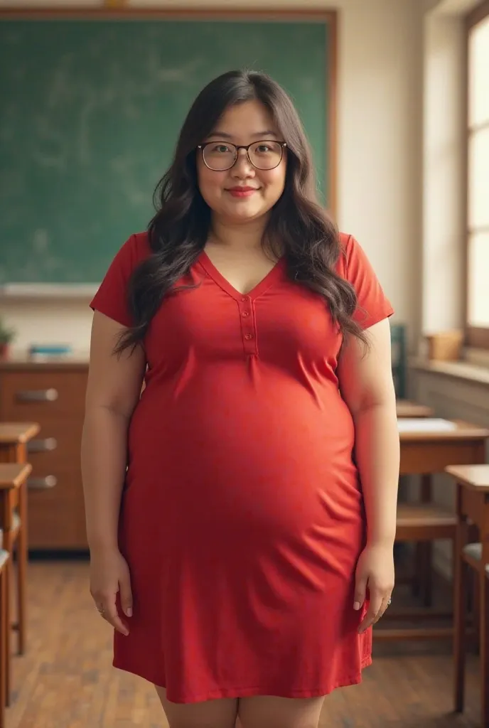 A  very chubby teacher with a big belly is a red dress she is asain with back hair she is pretty and a young teacher her belly protruding  in a classroom double chin with glasses long hair