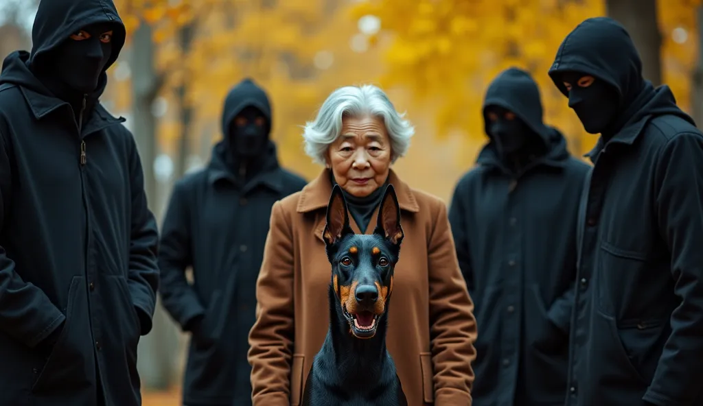 A tense scene in the neighborhood in the autumn afternoon: a silver-haired Vietnamese old lady in a brown coat is surrounded by four criminals wearing black masks, looking fierce. In the middle, a Doberman stands in front of the old lady, growling, ready t...