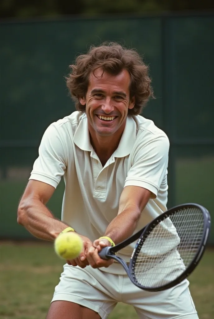 A close picture of Ted bundy smiling playing tennis