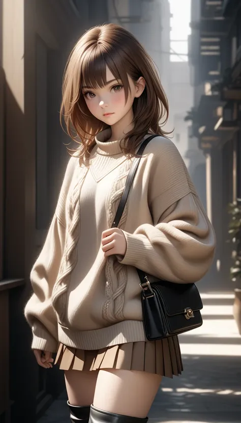 A young woman with shoulder-length chestnut hair, wearing an oversized beige sweater with soft knitted fabric, a pleated brown skirt, knee-high black leather boots, holding a small crossbody bag, soft natural lighting, high detail, ultra-realistic CGI rend...