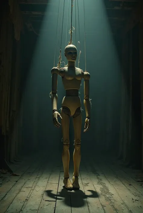 A haunting, dimly lit scene set in an abandoned, decaying theater or a dark, eerie warehouse. In the center, a life-sized wooden mannequin, resembling a classic marionette, hangs suspended by aged, frayed strings attached to its limbs and head. The dim lig...