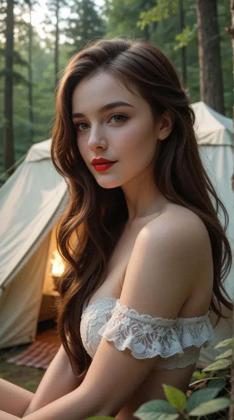 sweet girl, in the forest in a tent, at night, loving face, loving look, long eyelashes, red lipstick, with very long straight hair, front view, 